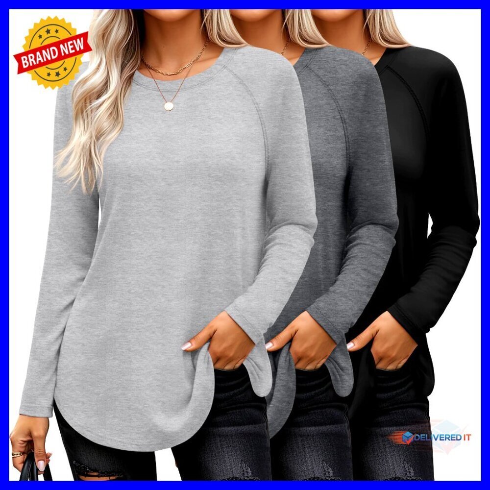 3 Pack Long Sleeve T-Shirts, Raglan Sleeve, Loose Fit, Side Split Hem - Picture 1 of 7
